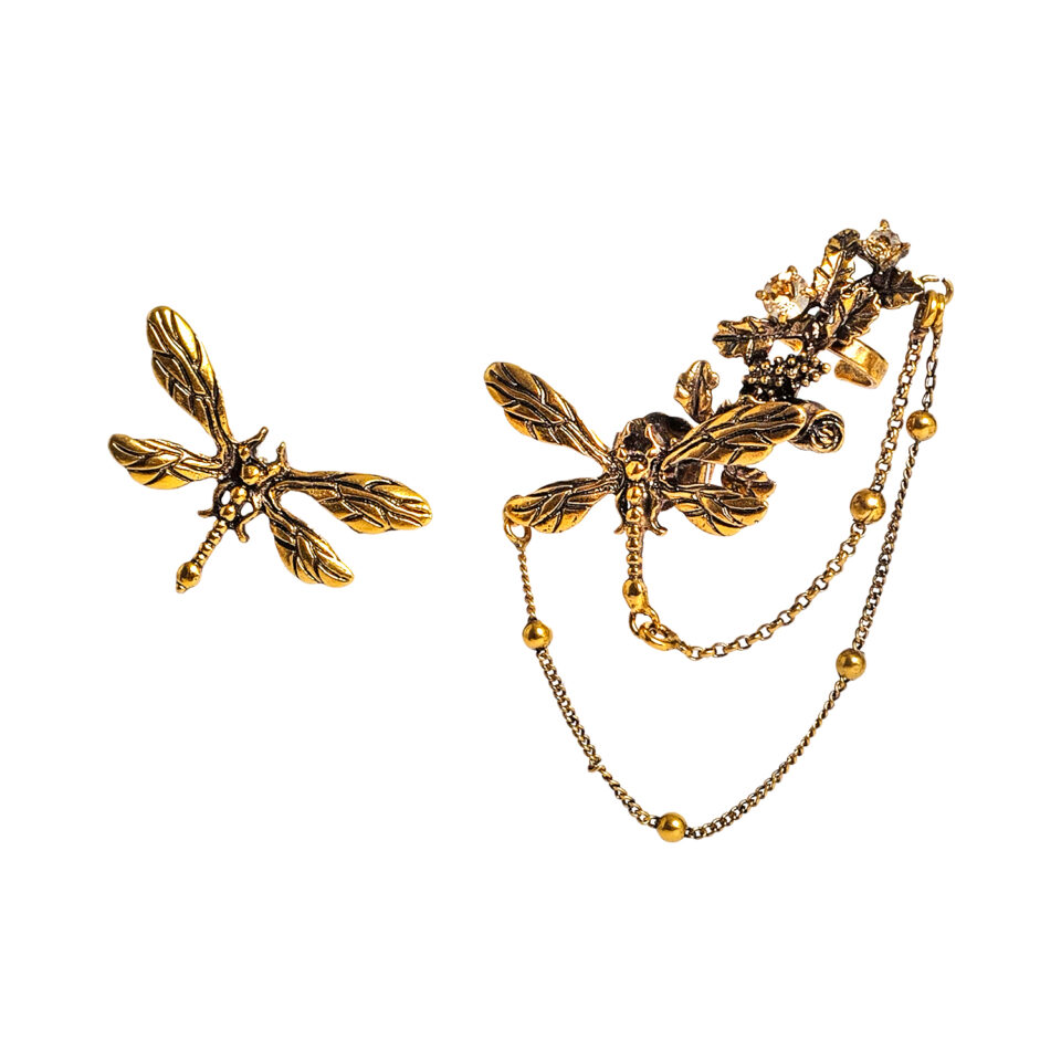 Asymmetric earrings with ear cuff “Dragonfly”